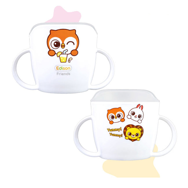 Edison self double-handle cups set of 2, microwave-safe white cups with orange owl and friends design