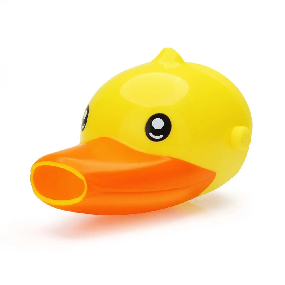 Edison Self Faucet Extender yellow duck bath toy sits by a faucet, a toddler-friendly bathroom accessory.