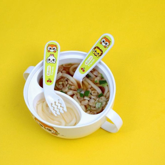 Edison Self Spoon & Fork Case Set; white plastic baby feeding utensils with cartoon character handles, includes spoon and fork