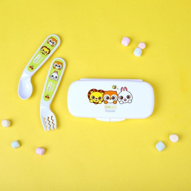 Edison Self Spoon & Fork Case Set; white case with Edison Friends animals and pastel green-handled utensils