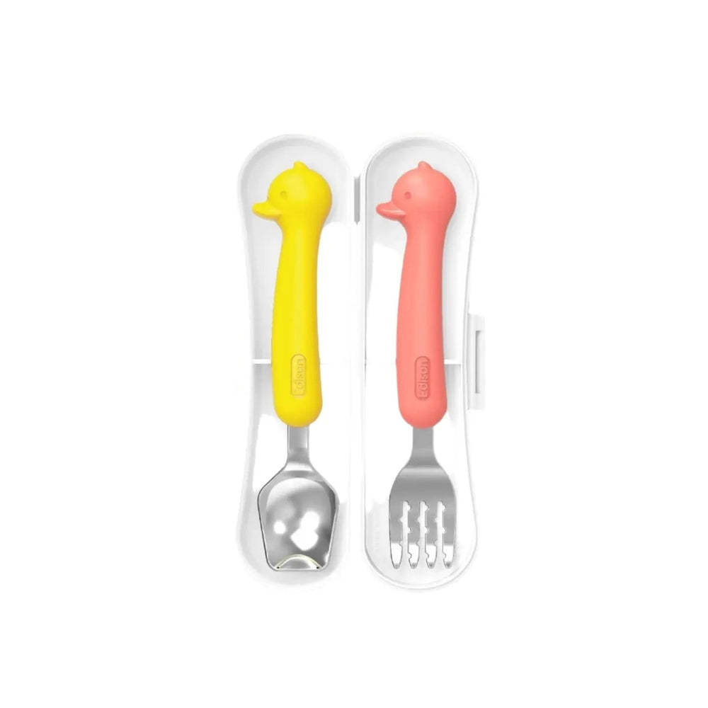 Edison Silicone Spoon&Fork Case Set For Baby Duck: two duck-head utensils (yellow spoon, pink fork) stored in a clear case
