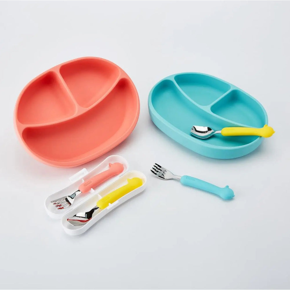 EDISON Silicone Spoon&Fork Case Set For Baby Duck: pink and blue divided bowls with color‑matched utensils and cases.