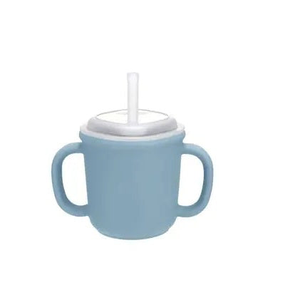 Edison Silicone Straw Cup in blue with white lid and straw, dual handles for easy grip.
