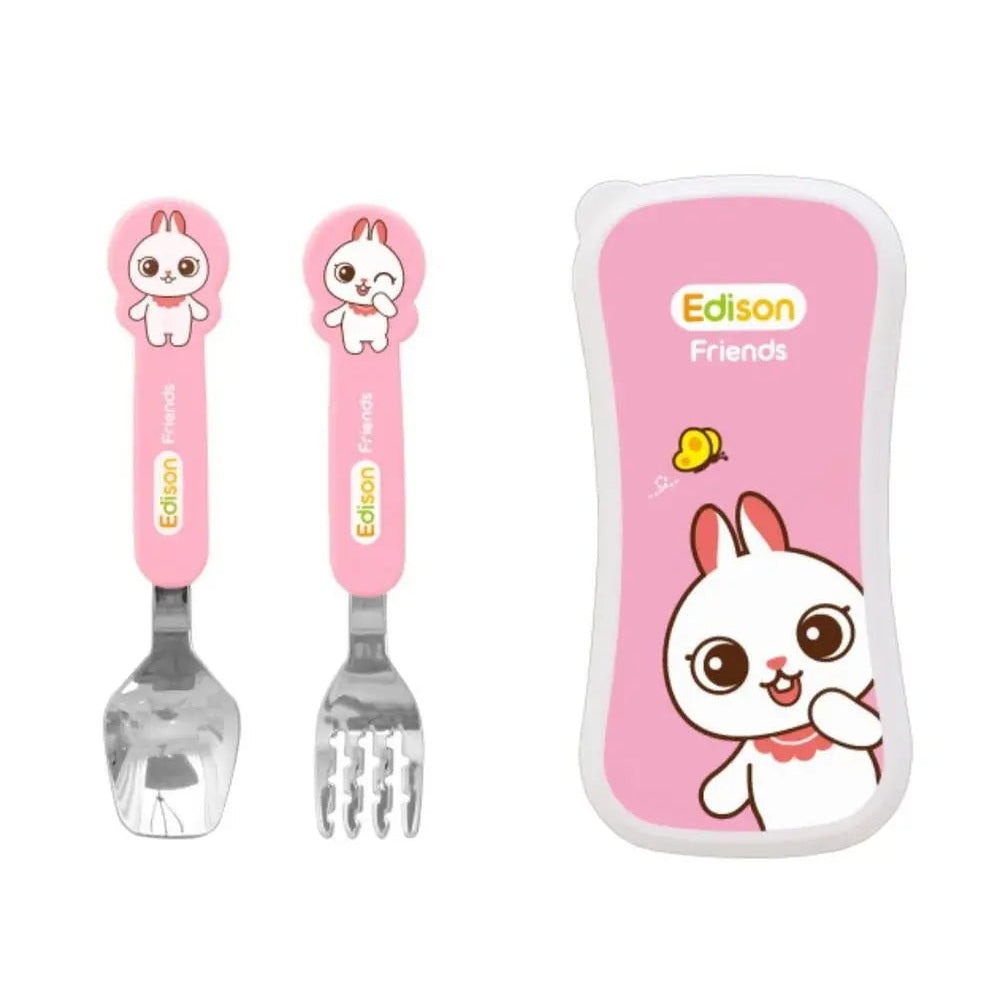 Edison Spoon&Fork Case Set For Baby: pink bunny-handled spoons and forks shown beside a matching pink case