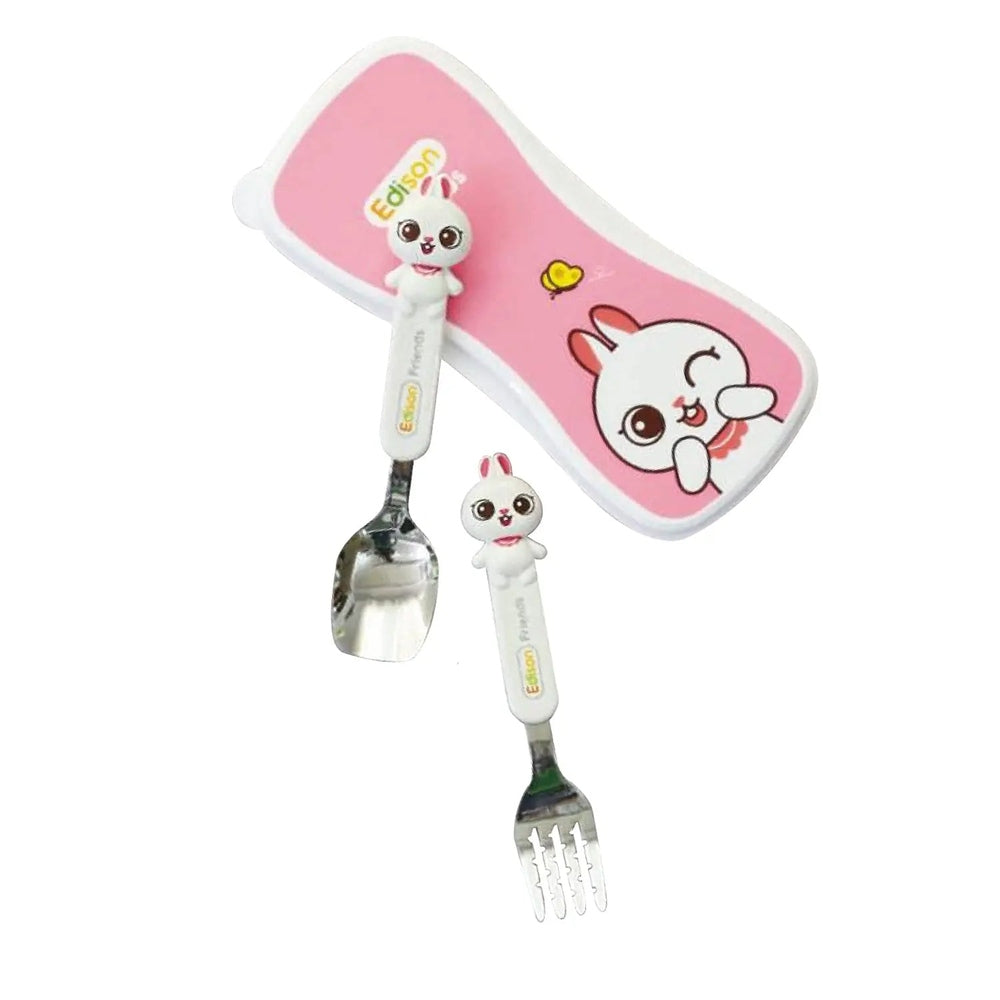 EDISON Spoon&Fork Case Set For Kids in pink bunny case with two white-handled utensils topped by bunny figures We’re good?