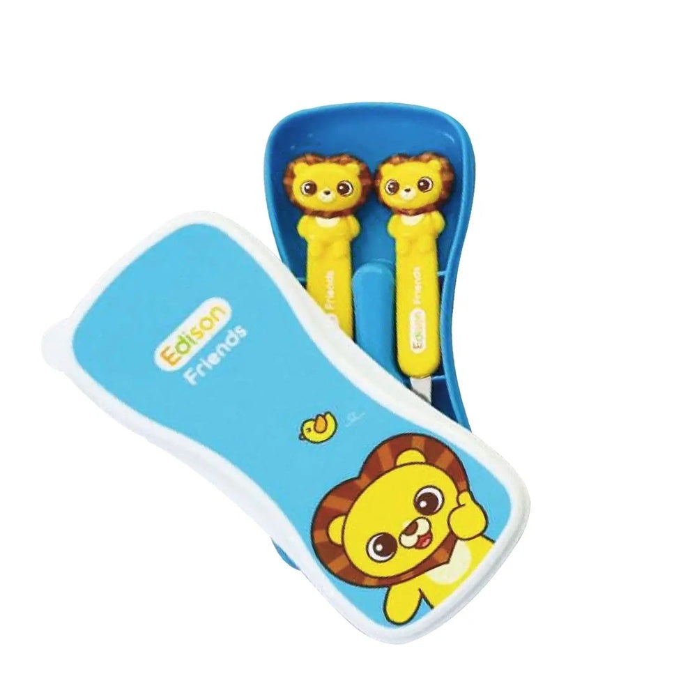 Edison Spoon & Fork Case Set For Kids in blue case with lion figures, showing two toddler-friendly utensils.