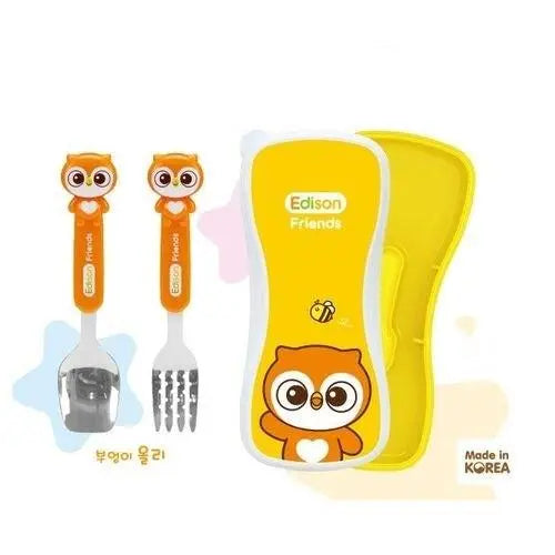 EDISON Spoon & Fork Case Set For Kids: orange owl-headed utensils stored in a bright yellow owl-design case.