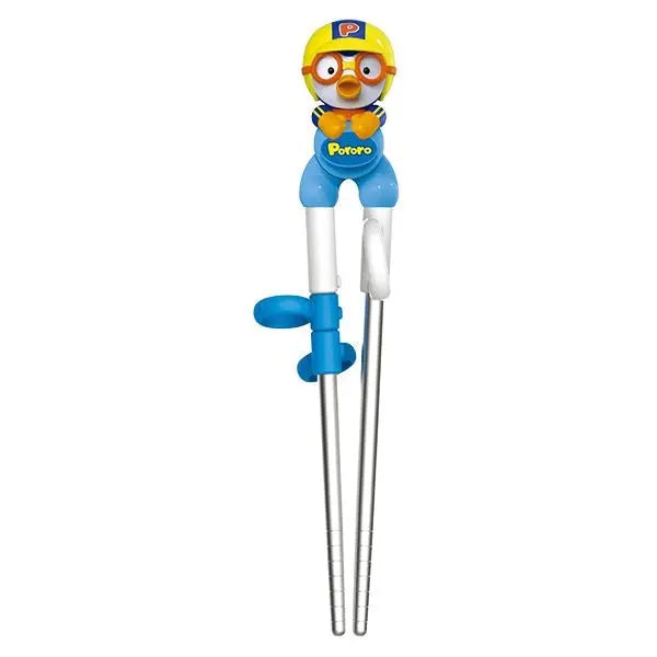 Edison Stainless 3D Chopsticks (Right Handed) pair with blue Pororo topper for easy training.