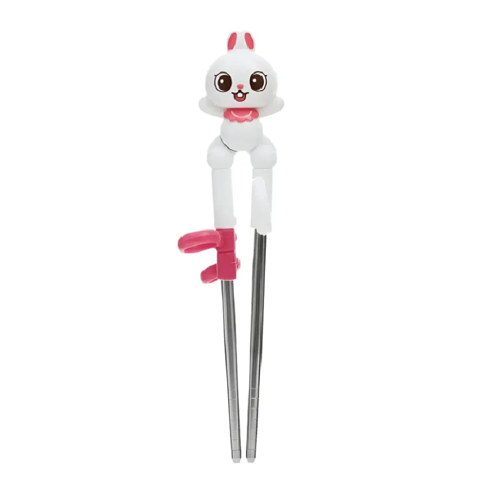 Edison Stainless Chopsticks (Right Handed) with a white bunny topper and pink training grips.