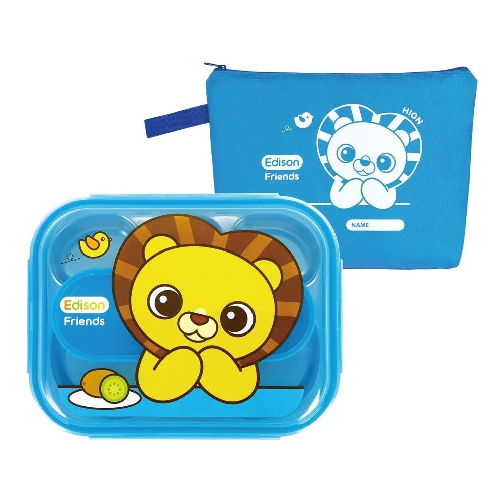 Edison Stainless Lunch Box W/Pouch in blue with a cheerful lion graphic; includes matching pouch.