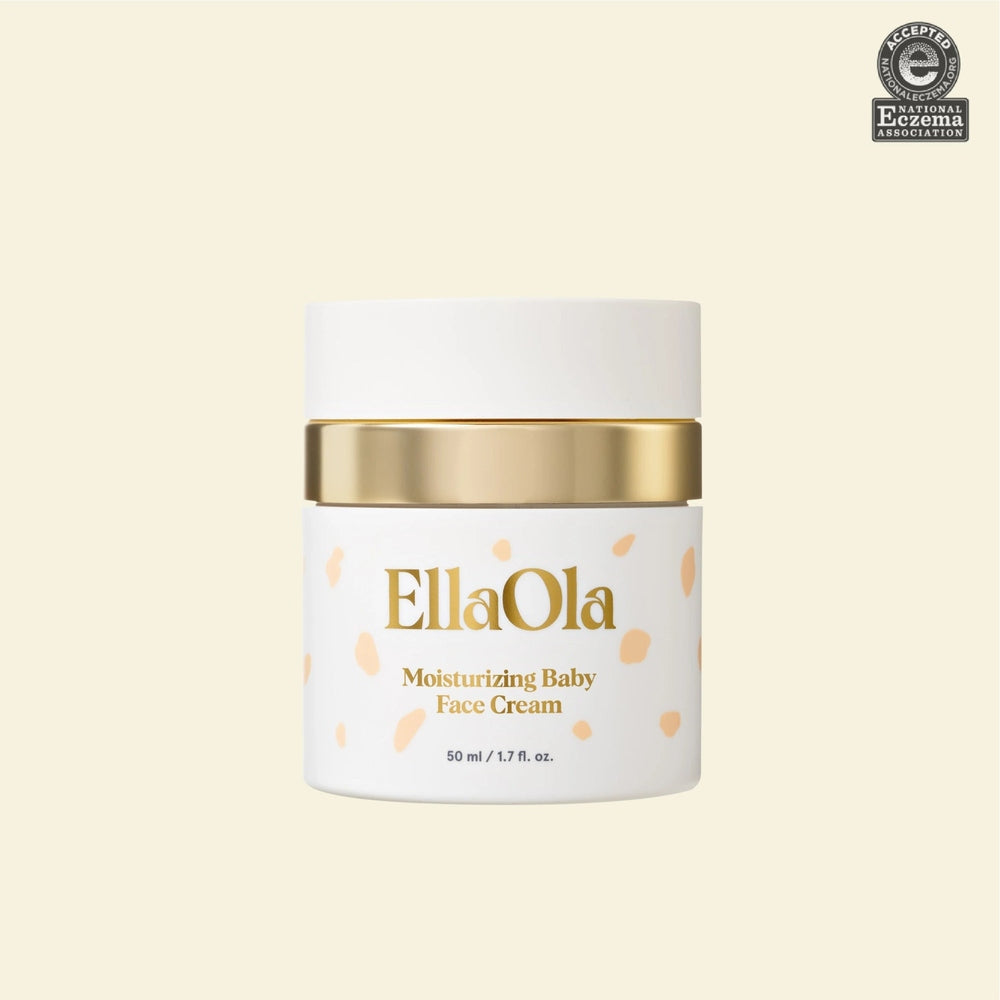 EllaOla Fragrance Free Moisturizing Baby Face Cream 50ml jar with white cap and gold band on pale backdrop, highlighting fragrance-free baby skincare.