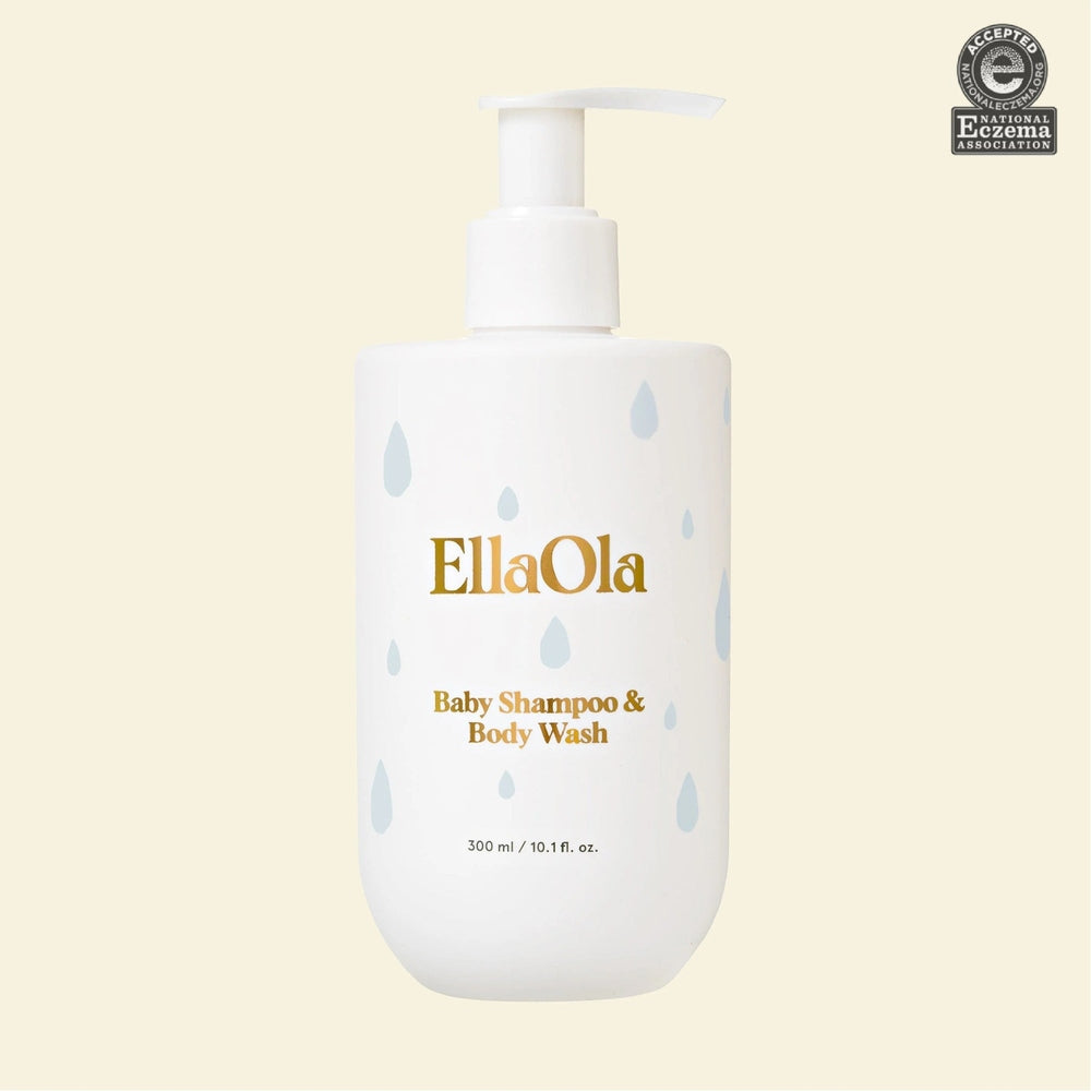 EllaOla Tear Superfood Baby Shampoo & Body Wash bottle with pump, white with blue droplets, 300ml.