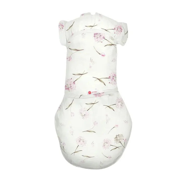 Embe Starter Swaddle, white cotton with pink floral print, laid flat to showcase lightweight fabric.