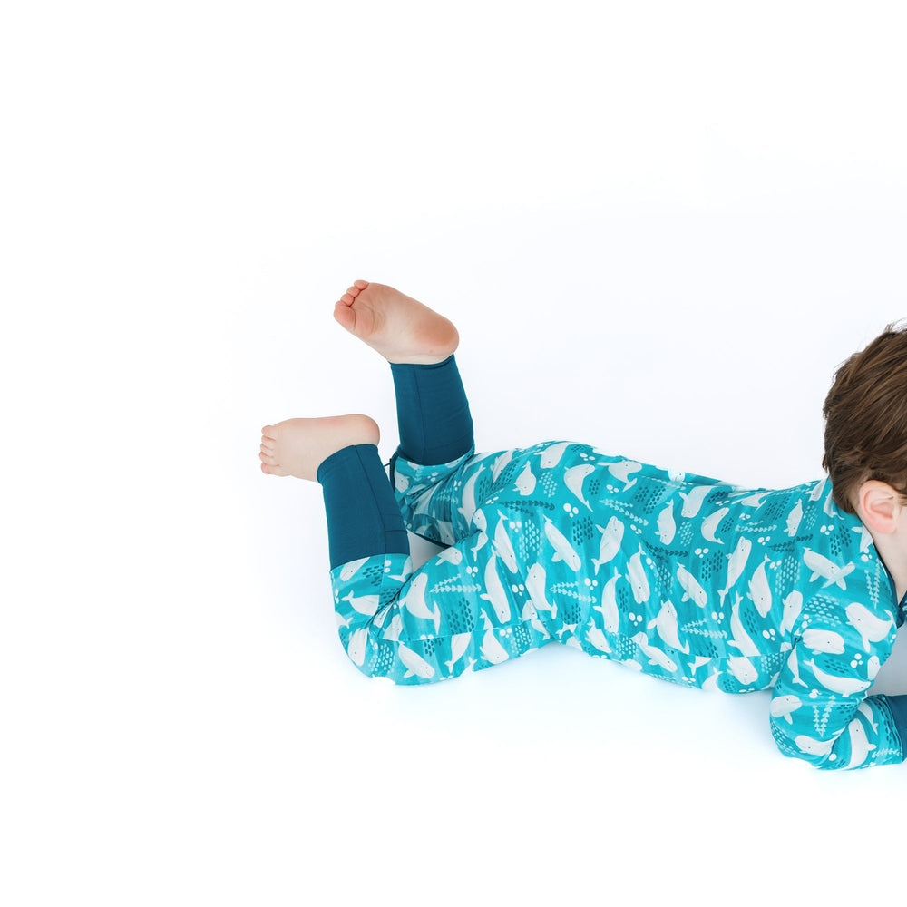Beluga Whale Bamboo Convertible Footie Romper Blue And Multi fabric detail