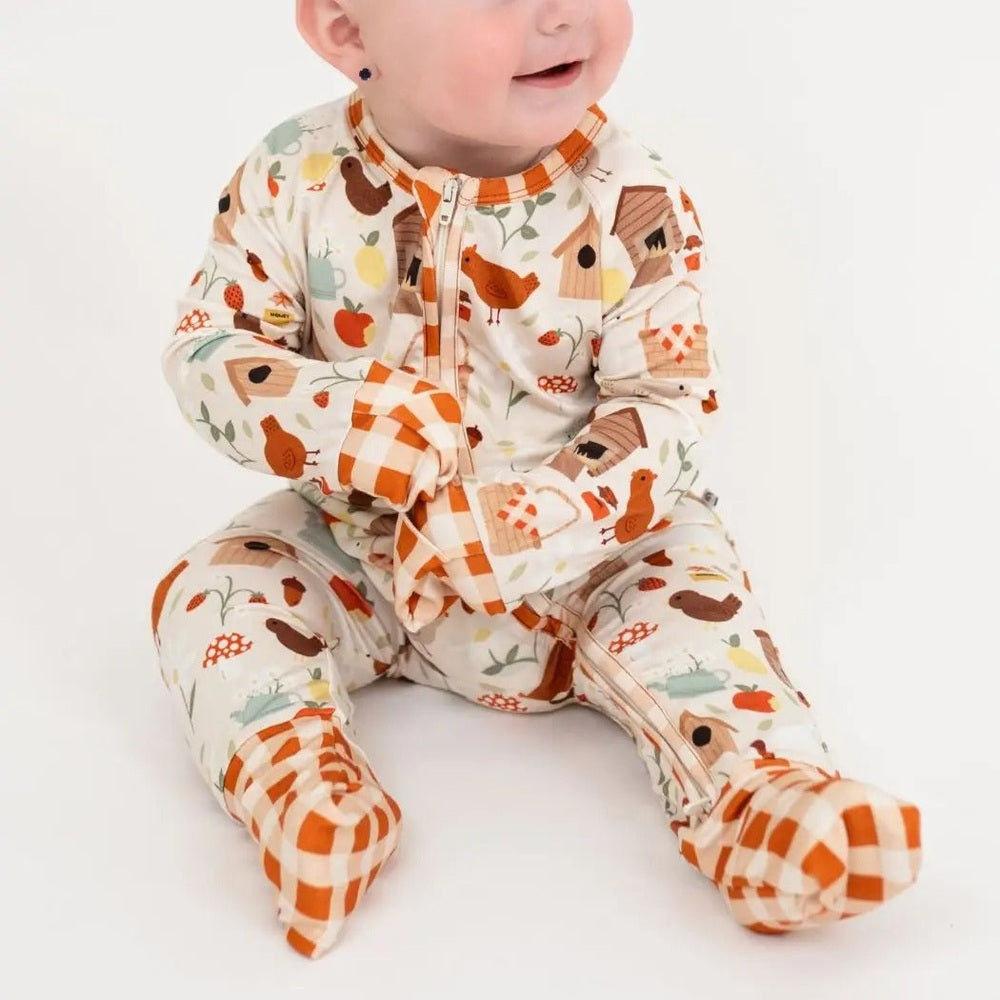 Emerson And Friends Cozy Cottage Bamboo Convertible Baby Pajamas in Green and Multi with orange gingham cuffs