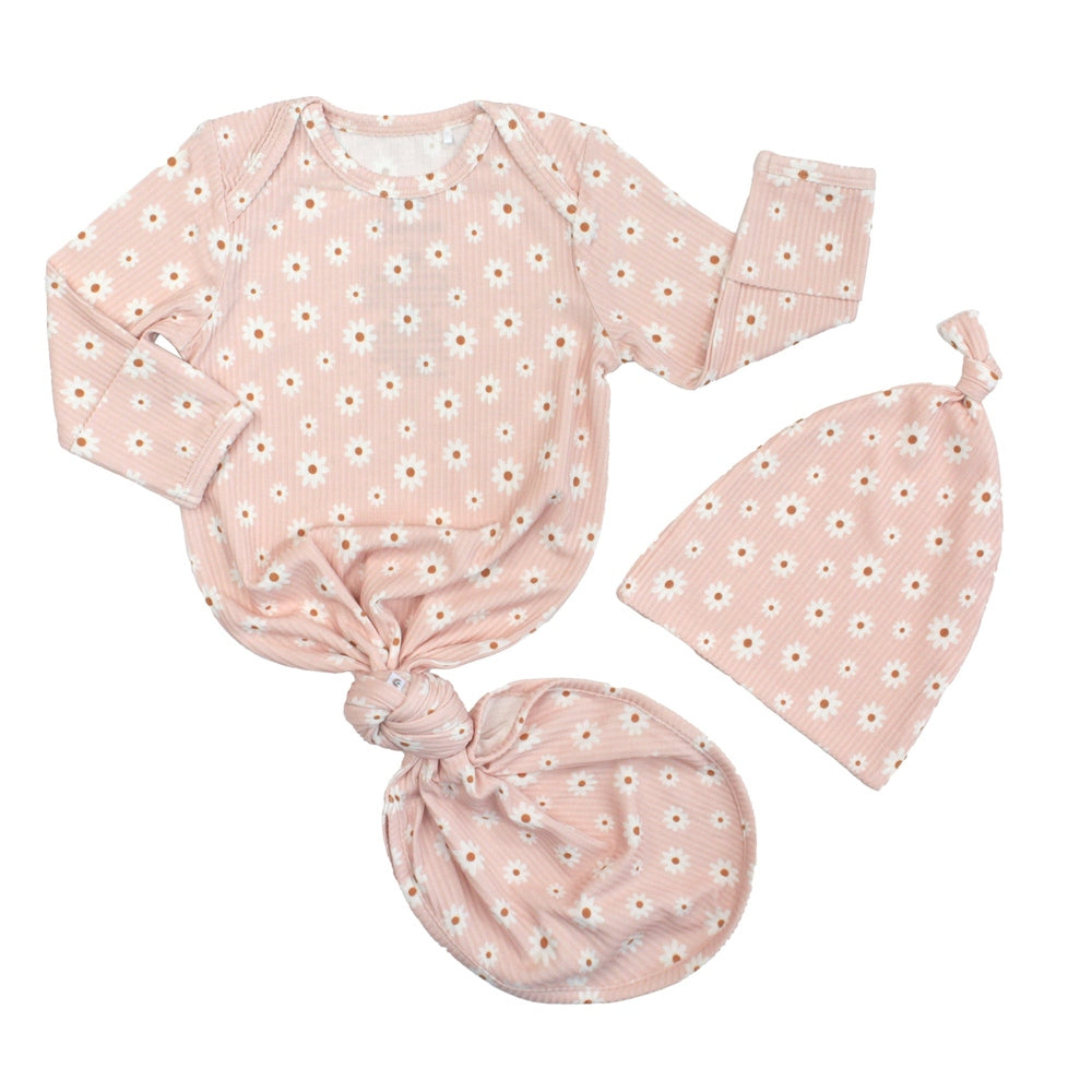 Pink Daisy Ribbed Bamboo Gown and Hat Newborn Baby Gift Set Pink