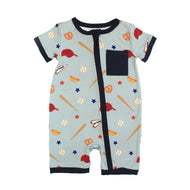 Emerson And Friends Play Ball Baseball Bamboo Baby Shortie Romper Blue And Multi
