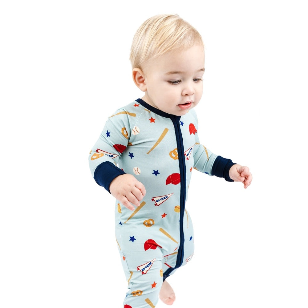 Emerson And Friends Play Ball Baseball Bamboo Convertible Footie Romper Blue And Multi