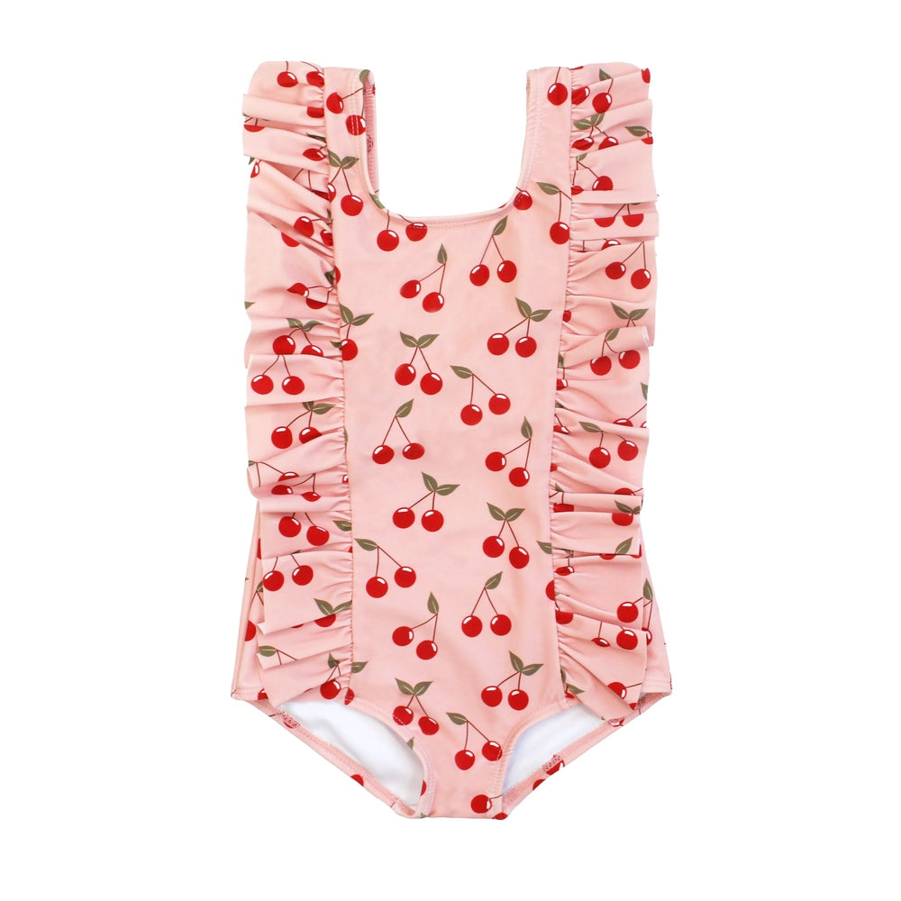 Pink one-piece swimsuit with cherry pattern on a white background