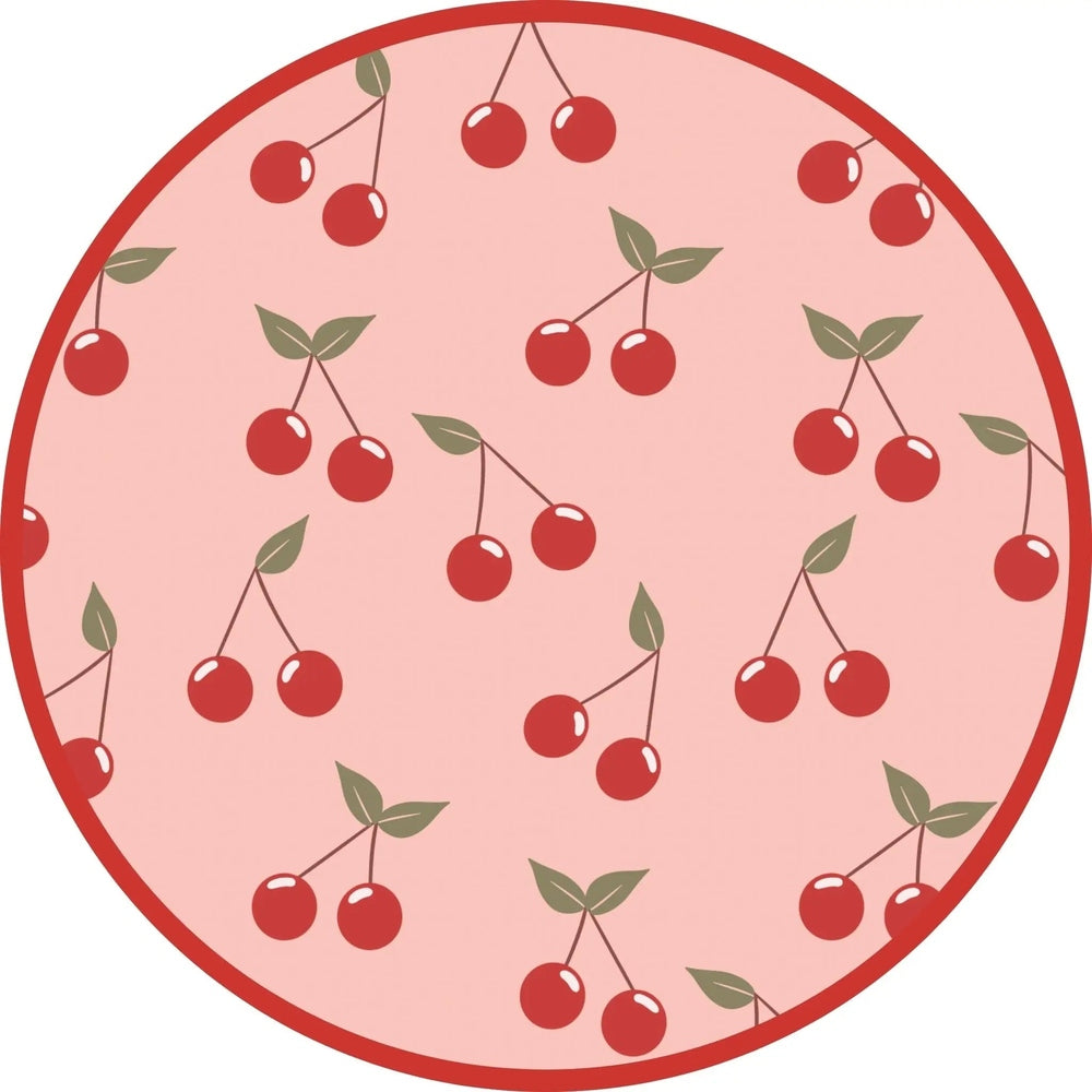Circular pink plate with red cherry pattern