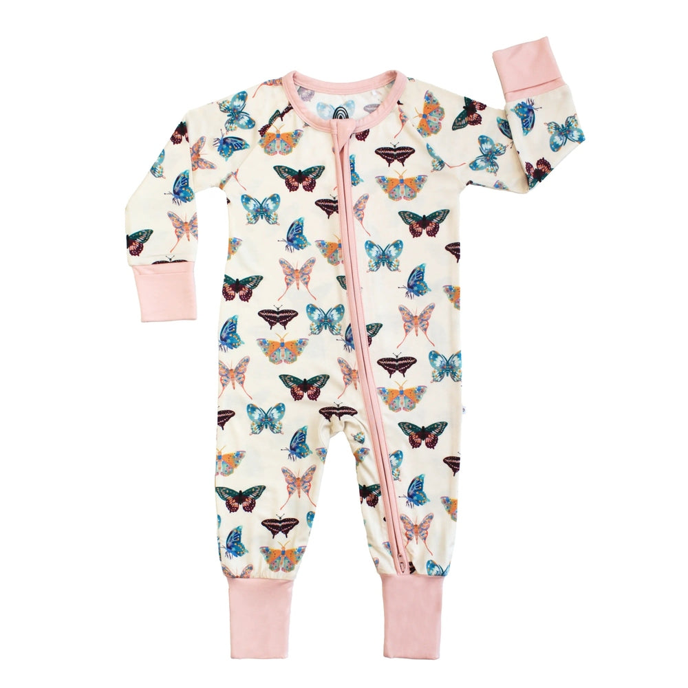 Emerson And Friends Wings of Paradise Butterflies Bamboo Convertible Footie Romper Beige And Multi