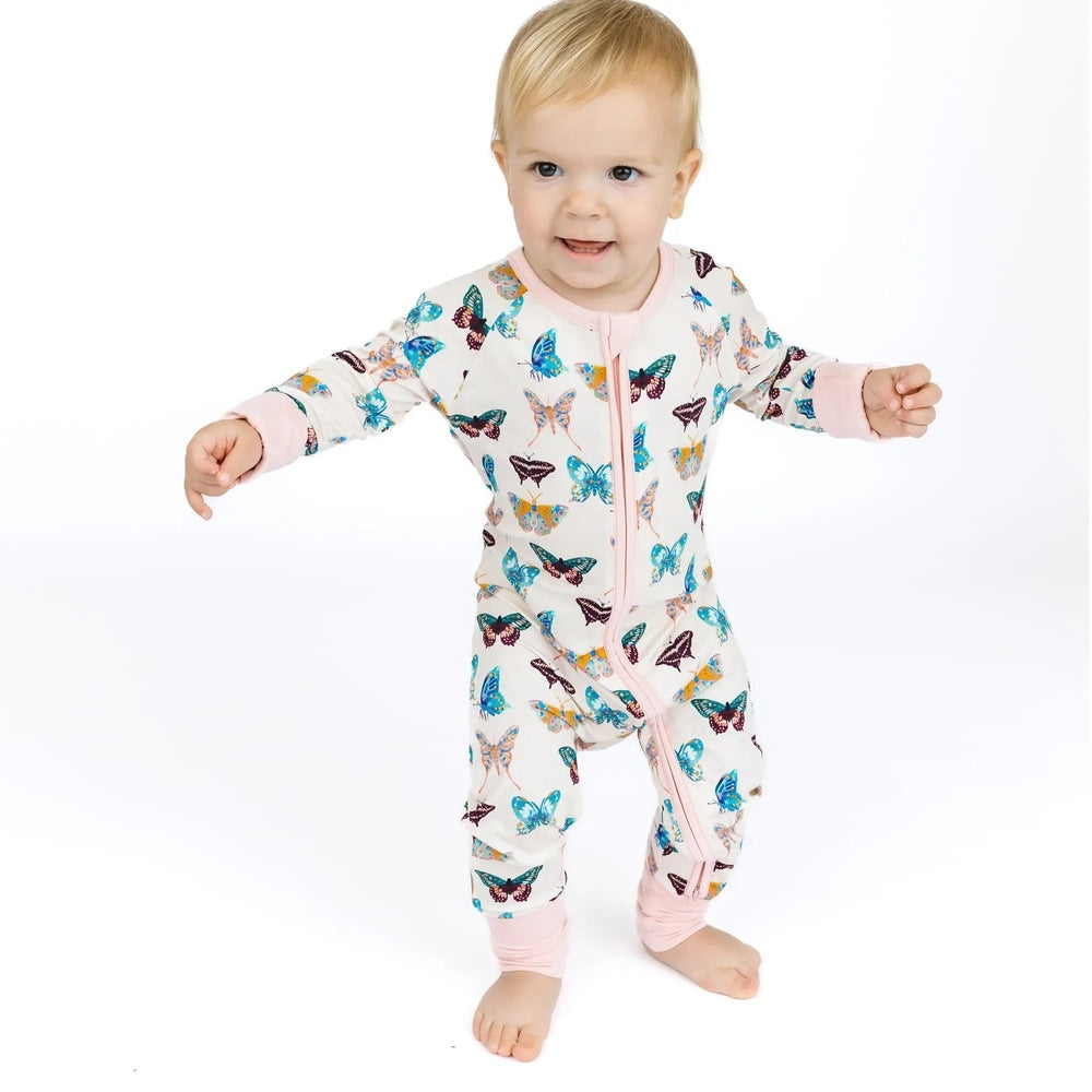 Emerson And Friends Wings of Paradise Butterflies Bamboo Convertible Footie Romper Beige And Multi
