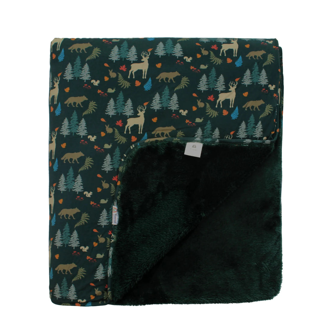 Emerson And Friends Midnight Forest twin bamboo and fleece blanket showing printed and plush sides