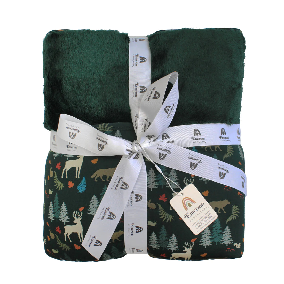 Midnight Forest twin blanket folded with Emerson And Friends gift ribbon