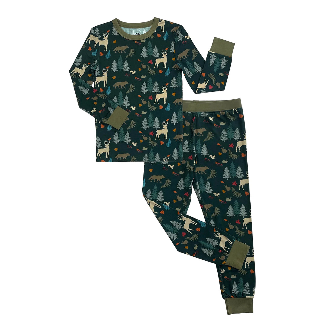 Emerson And Friends Midnight Forest two-piece bamboo pajama set in green woodland print