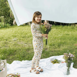 Emerson And Friends Toadstool Garden Two-Piece Bamboo Long Sleeve Pajama Kids Pants Set Beige And Multi