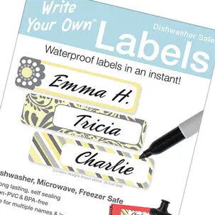 Emily Press Labels Wyo Waterproof Classic name labels sheet; three personalized tags shown with a nearby pen.