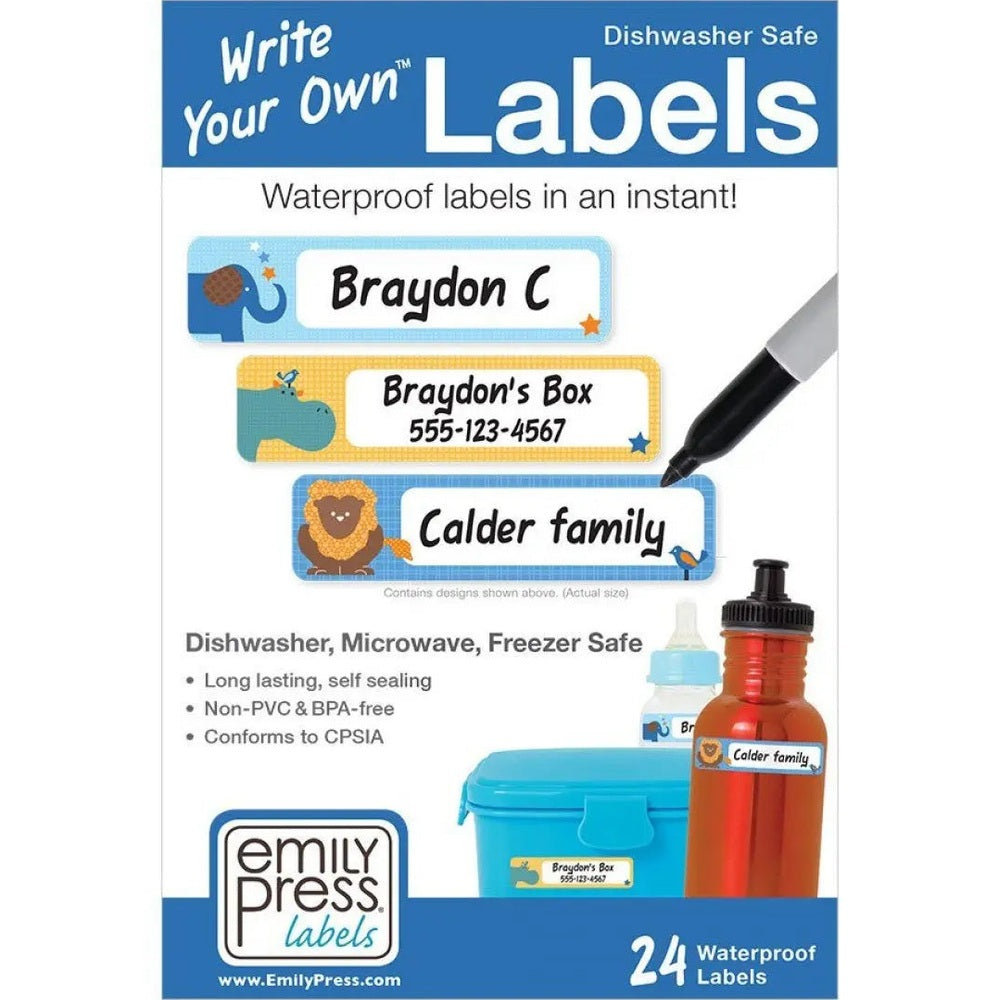 Emily Press Labels Wyo Waterproof Classic; colorful name labels shown on a bottle, lunchbox and box.