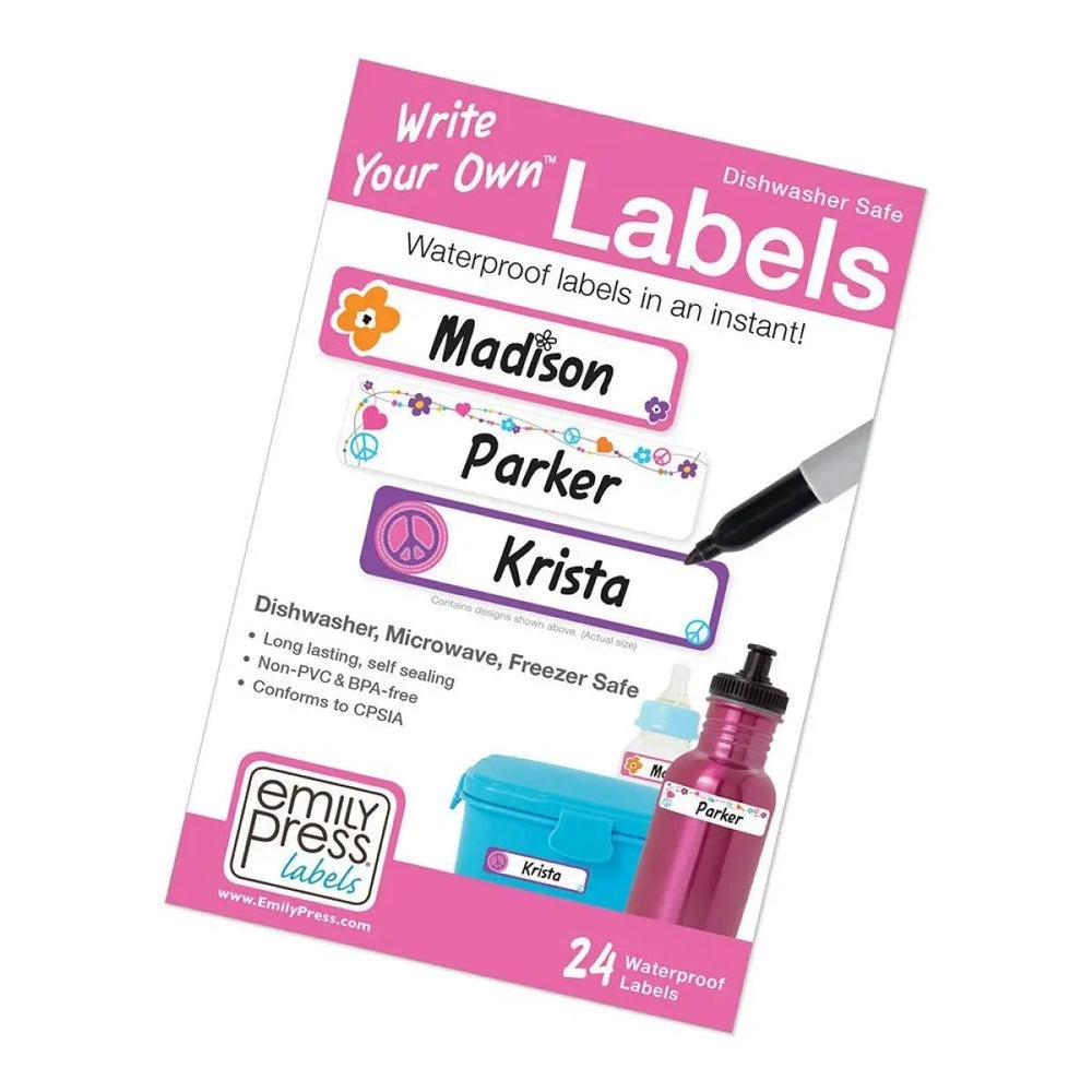 Emily Press Labels Wyo Waterproof Classic name labels in pink packaging, where a pen writes Madison, Parker, Krista.