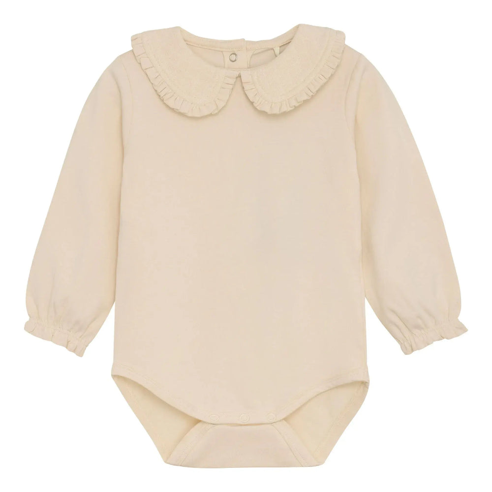 En Fant ivory long-sleeve baby bodysuit with ruffled collar