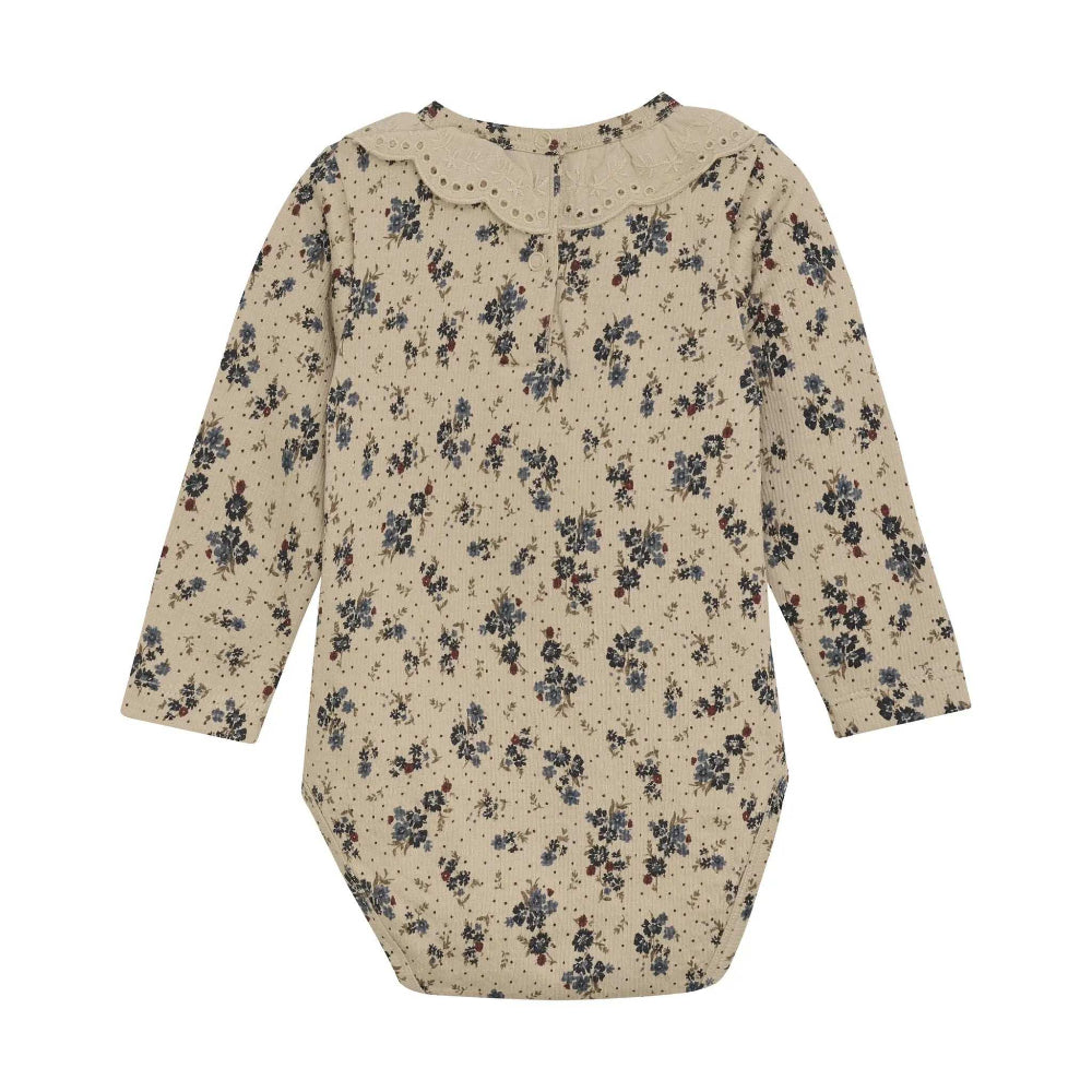 EN FANT girls long-sleeve beige floral bodysuit with scalloped eyelet collar, cotton blend