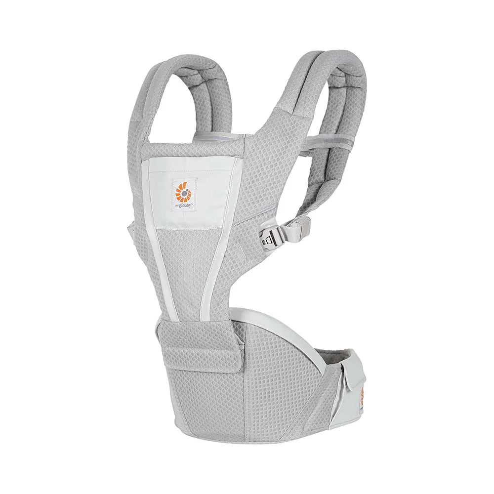 Ergobaby Alta Hip Seat Baby Carrier in light gray mesh with a padded waist belt buckled for secure, hands-free bonding.