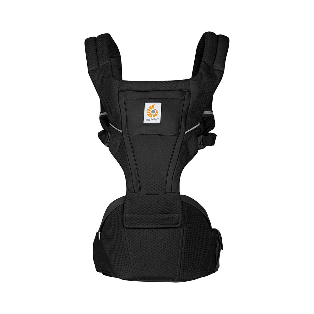 Ergobaby Alta Hip Seat Baby Carrier in black worn on the torso with padded shoulder straps and waist belt.