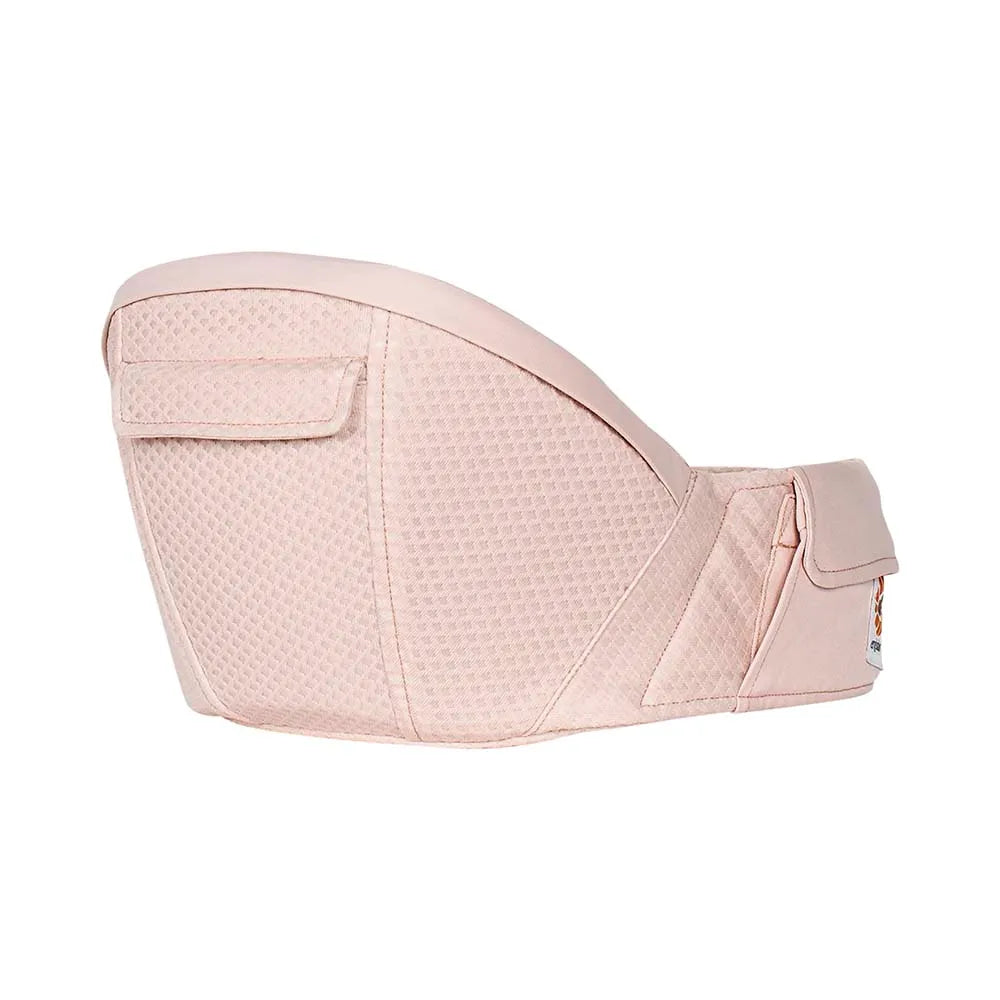 Ergobaby Alta Hip Seat Baby Carrier in blush pink fabric, shown with a secure strap and side pocket for convenience.