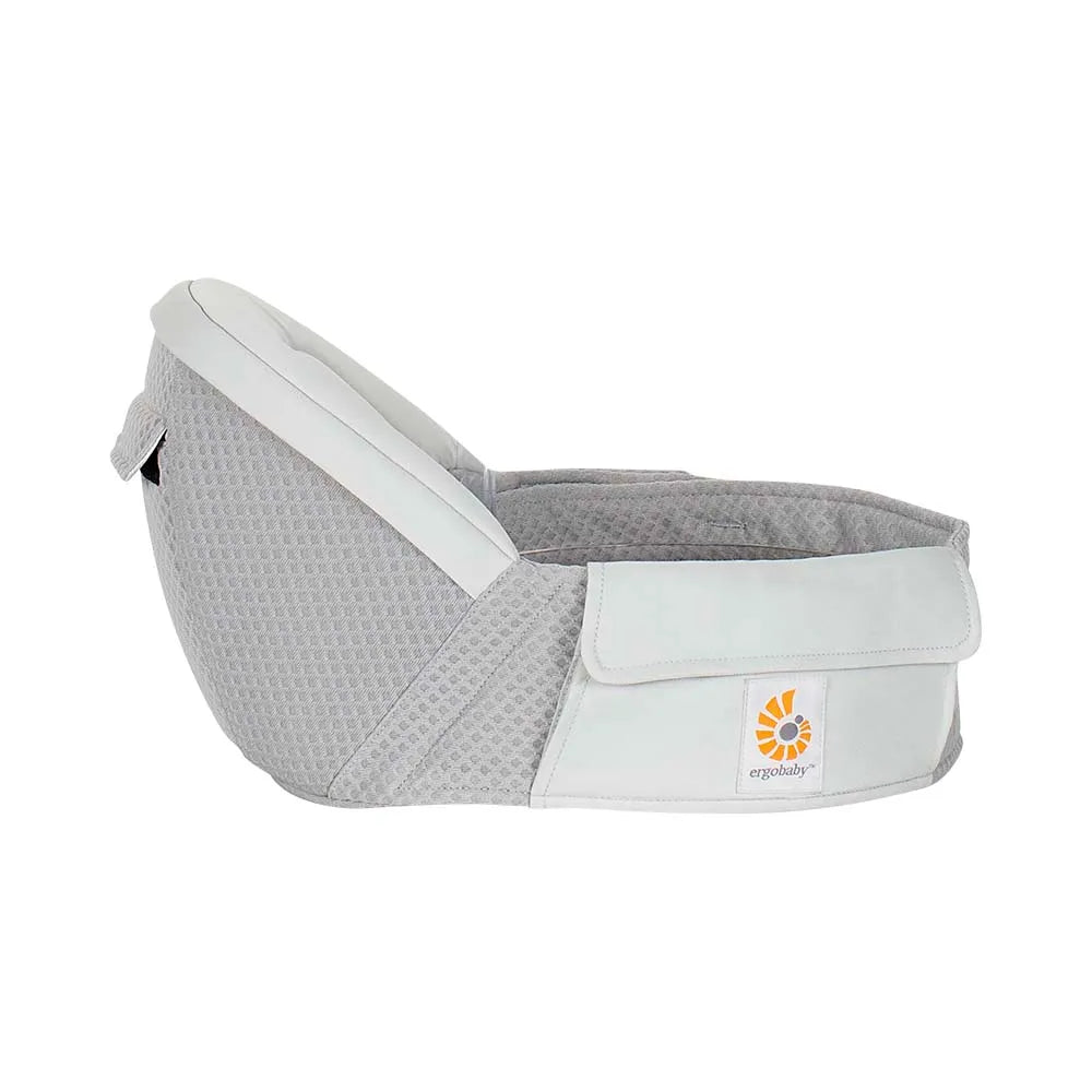 Ergobaby Alta Hip Seat Baby Carrier in light gray with white trim, featuring a padded hip seat worn on the hip.