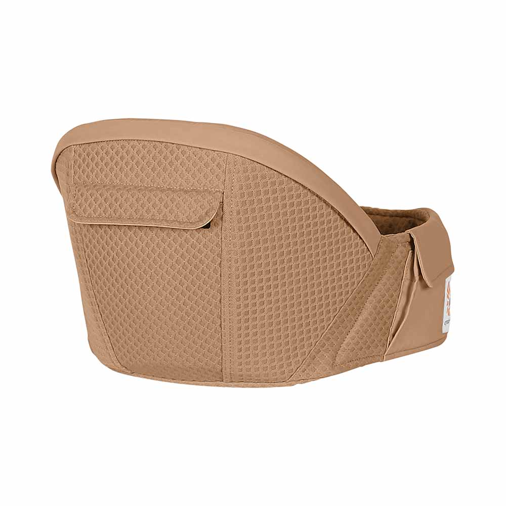 ERGOBABY Alta Hip Seat Baby Carrier in tan textured fabric with front pocket, designed for hands-free bonding.