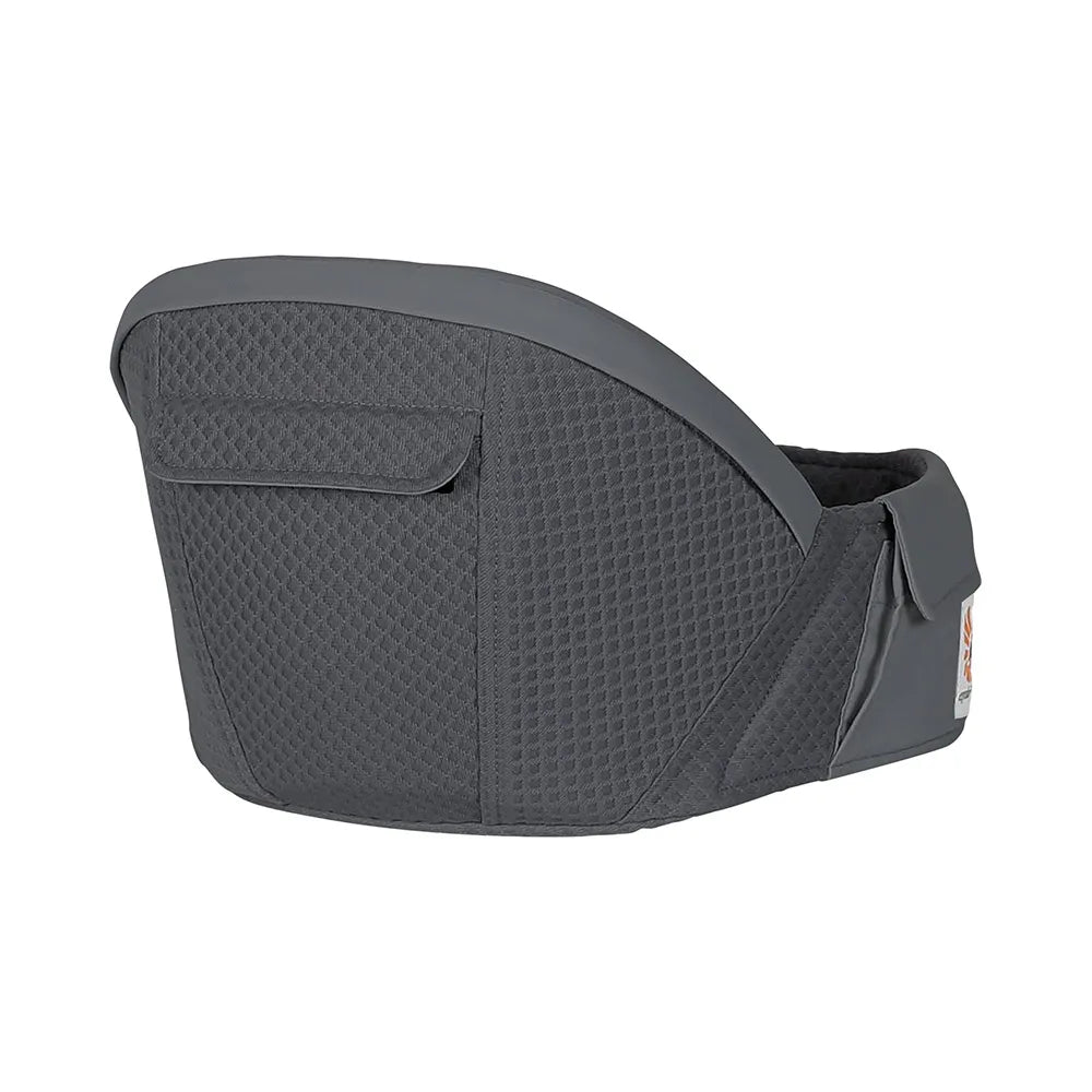 ERGOBABY Alta Hip Seat Baby Carrier in gray worn as a hip seat, showing textured fabric and front pocket.
