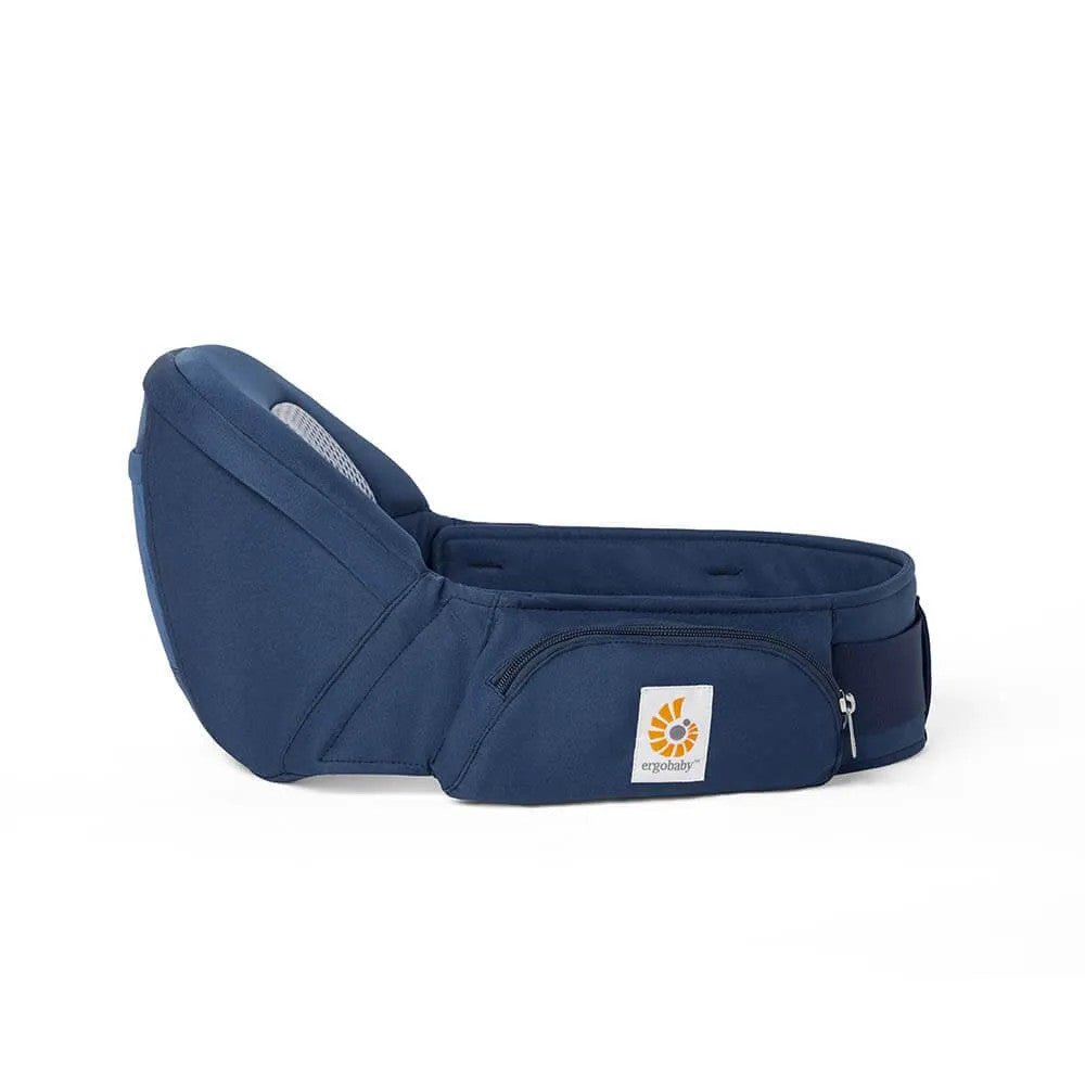 Ergobaby Lift Hip Seat Baby Carrier in blue fabric worn on the hip with a front zip pocket.