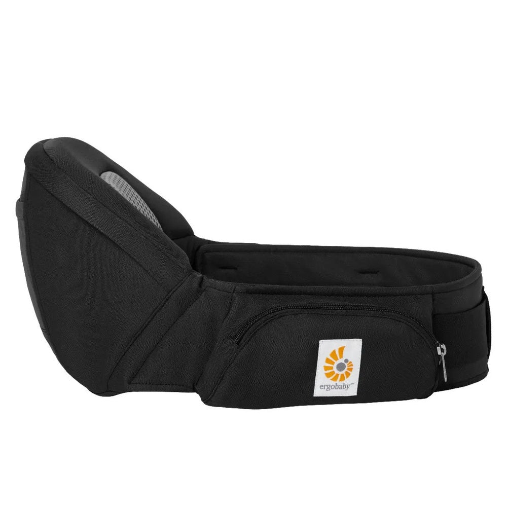 Ergobaby Lift Hip Seat Baby Carrier in black with a padded waist belt and zip pocket, shown as a compact hip-seat setup.