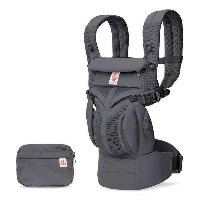 Ergobaby Omni Classic Mesh Baby Carrier Charcoal Grey worn by a parent with padded straps and waist belt, plus pouch.