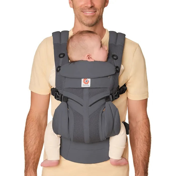 Ergobaby Omni Classic Mesh Baby Carrier Charcoal Grey front-carrying infant with padded straps and breathable mesh.