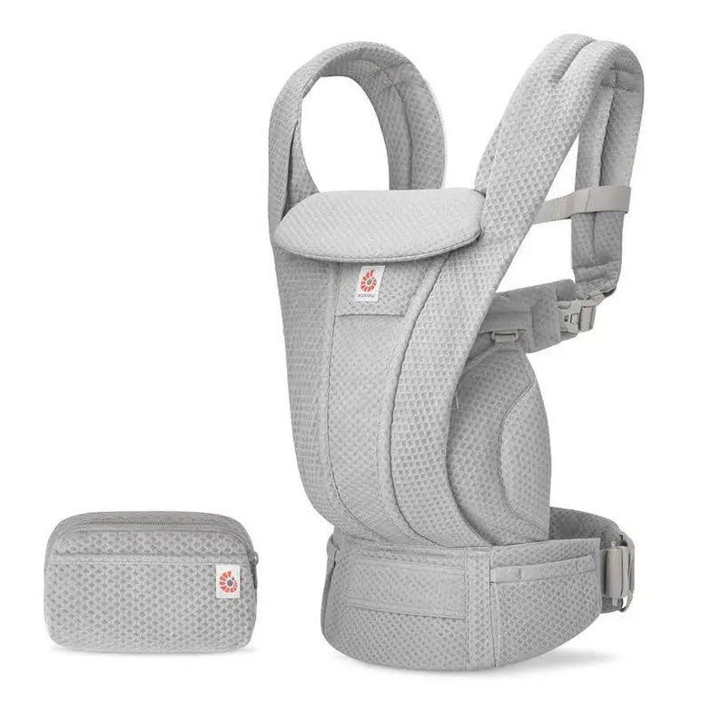 Ergobaby Omni Deluxe Carrier Mesh worn on a torso with padded shoulder straps and waist belt, plus matching pouch