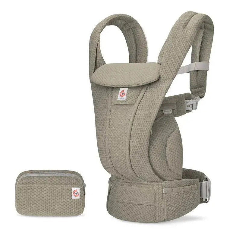 Ergobaby Omni Deluxe Carrier Mesh beige with matching compact pouch; parent wearing the ergonomic back carrier.