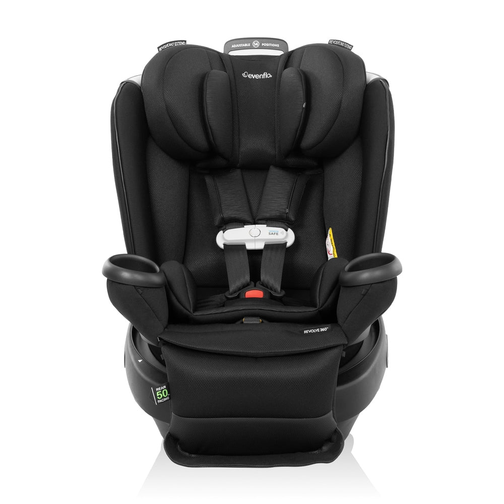 Evenflo Gold Revolve360 Extend All-In-One Rotational Car Seat with Sensorsafe in black, showing secure 5-point harness.