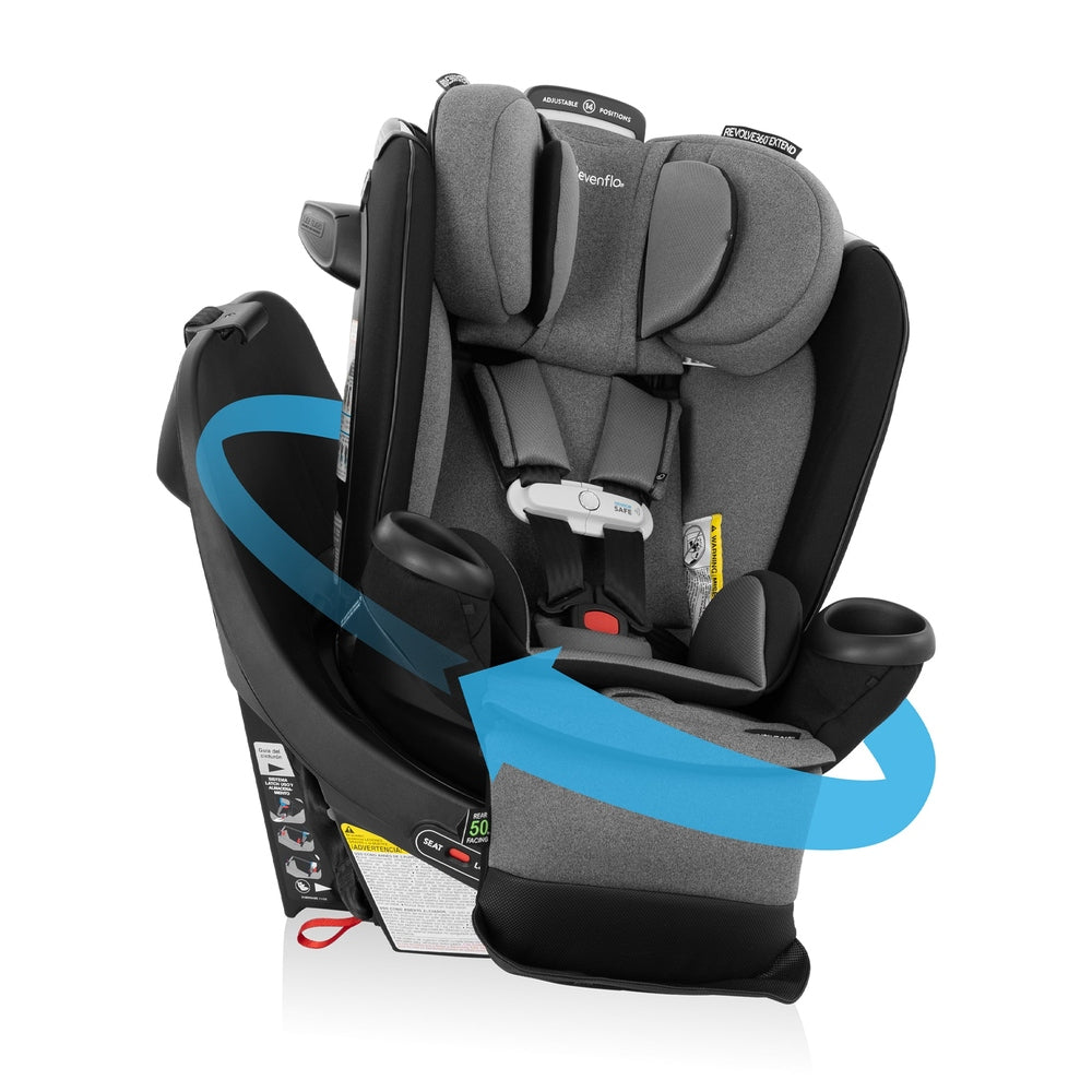 Evenflo Revolve360 Extend All-In-One Rotational Car Seat with Sensorsafe, gray fabric, shown rotating for easy access.