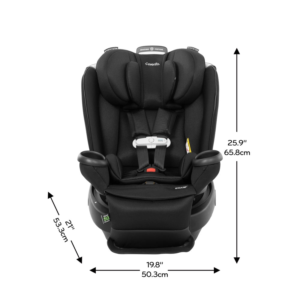 Evenflo Gold Revolve360 Extend All-In-One Rotational Car Seat with Sensorsafe in black; 5-point harness secured on base.